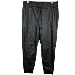 Bebe Black Faux Leather Jogger Pants Elastic Waist Drawstring Ankle Cuff Size L
